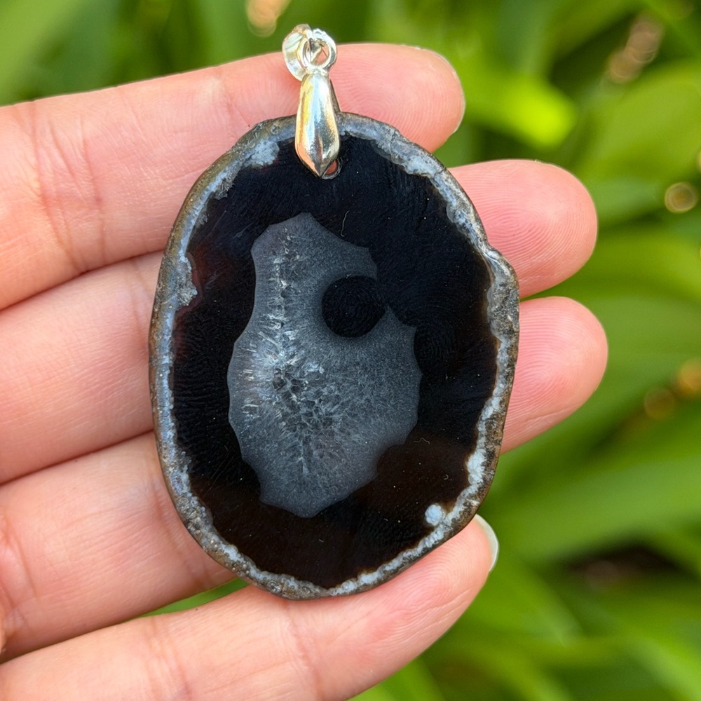 Sterling silver 925 stamped cute‎ druzy black agate pendant 0370